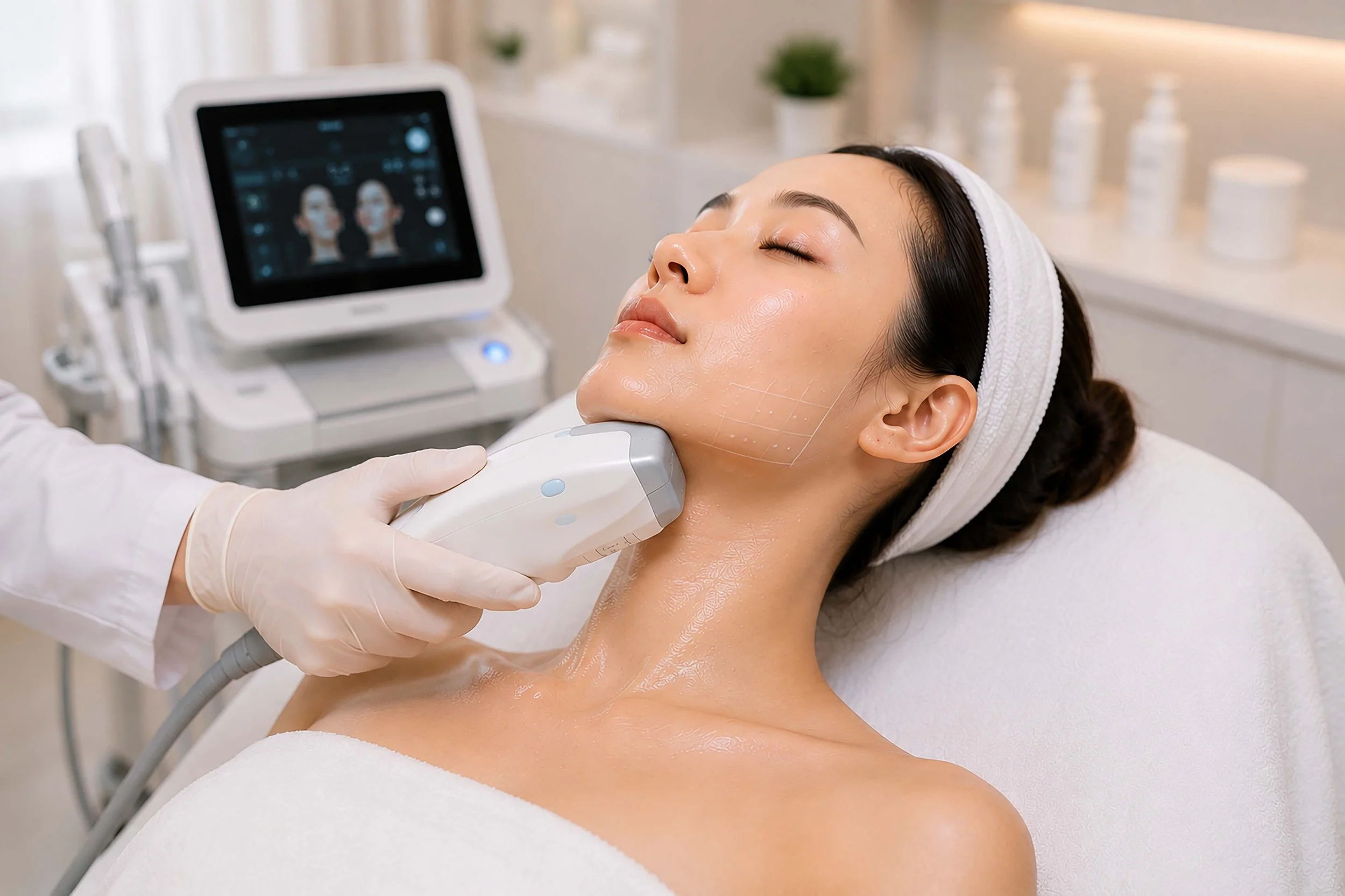 Woman receiving an Ultherapy treatment on her neck with a handheld ultrasound device