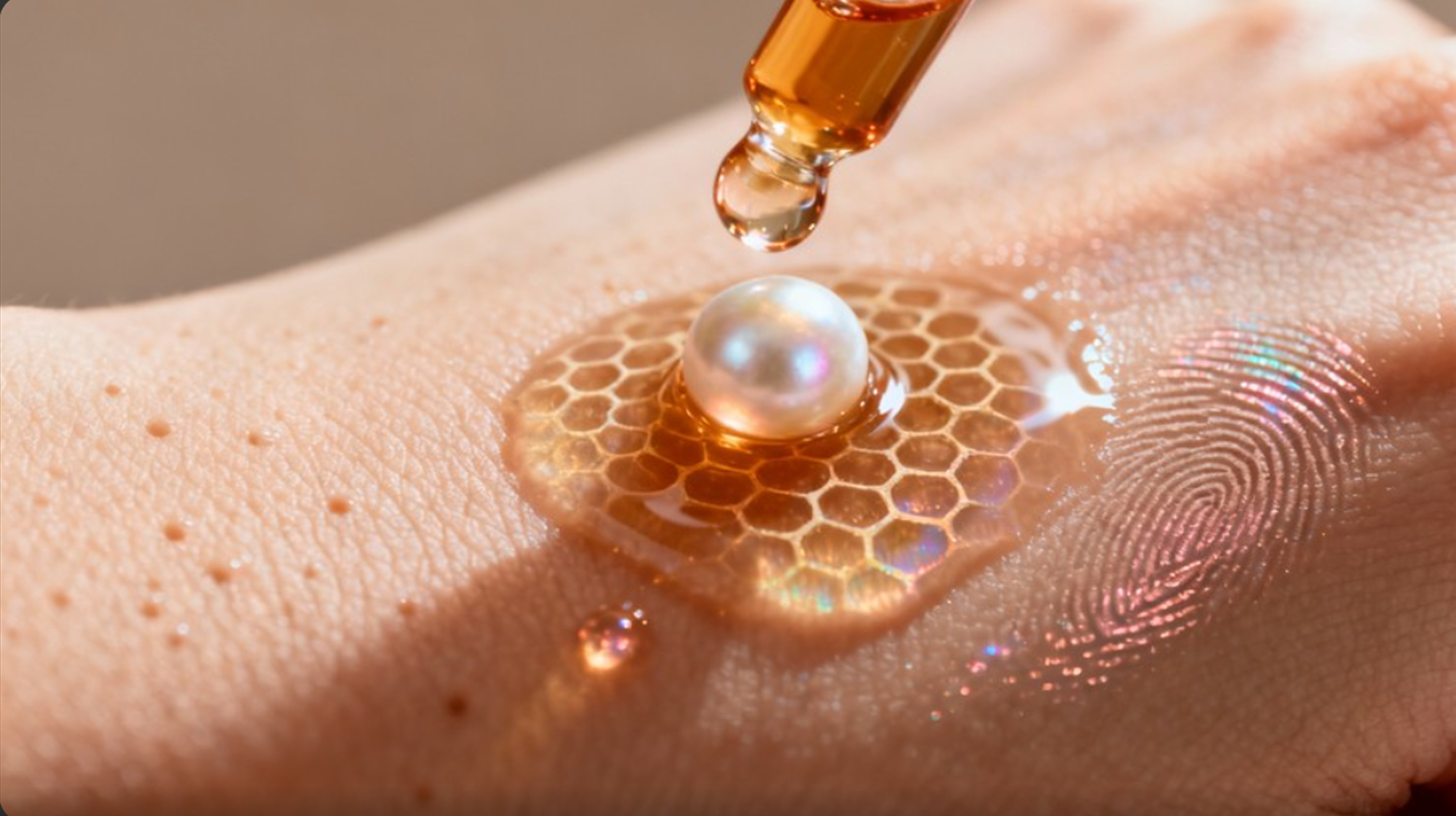 Dropper of golden serum and a pearl resting on honeycomb-textured skin. Links to Regenerative Treatments on the Services page.