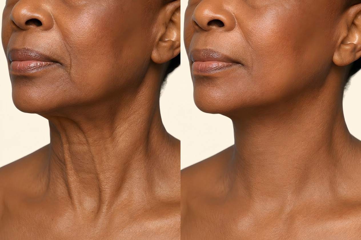 Before and after of a woman's neck and jawline, showing smoother skin and reduced vertical bands. Links to Jowls and Vertical Neck Bands Reduction.