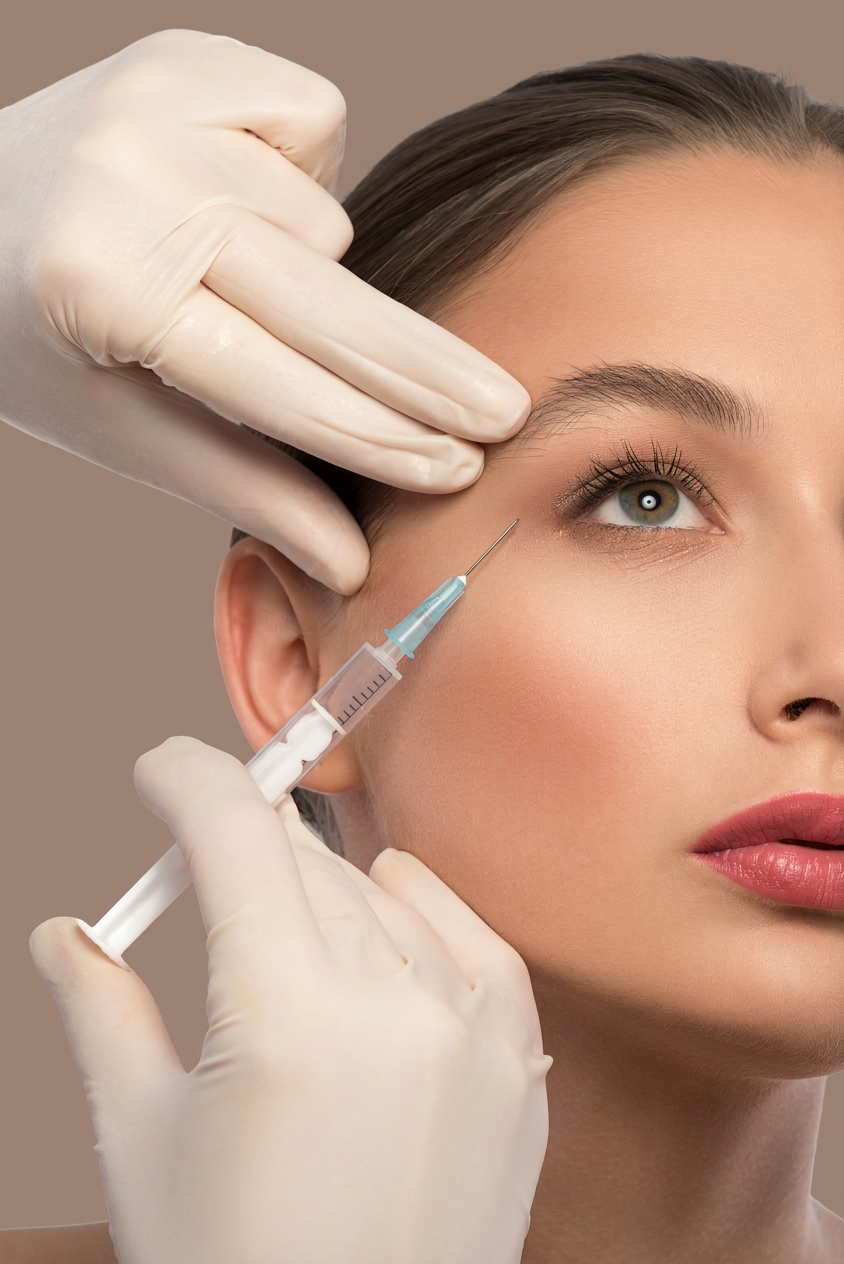 Woman receiving a Botox injection near the eye. Links to Preventative Injectables, including wrinkle relaxers, dermal fillers, and biostimulators.