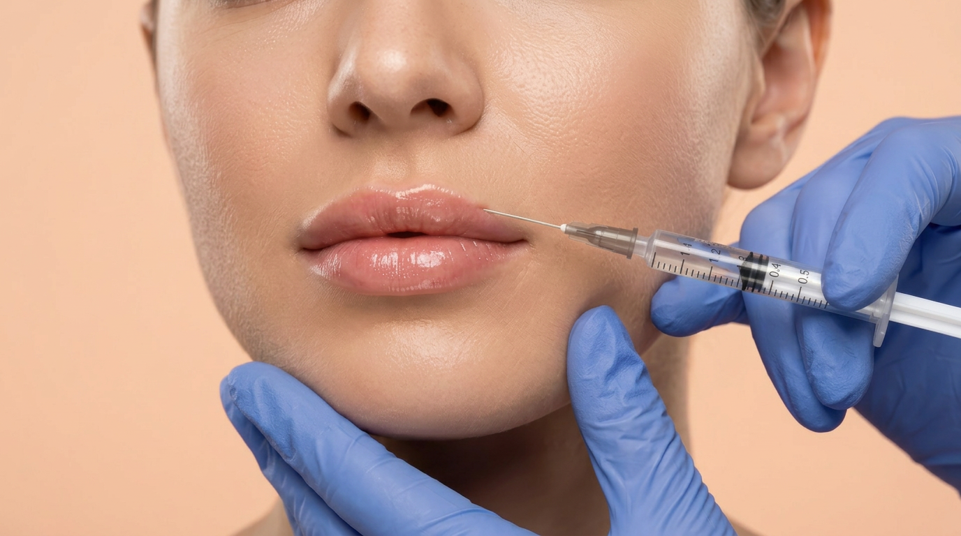 Close-up of a woman receiving lip filler against a soft pink background. Links to Lip Enhancement.