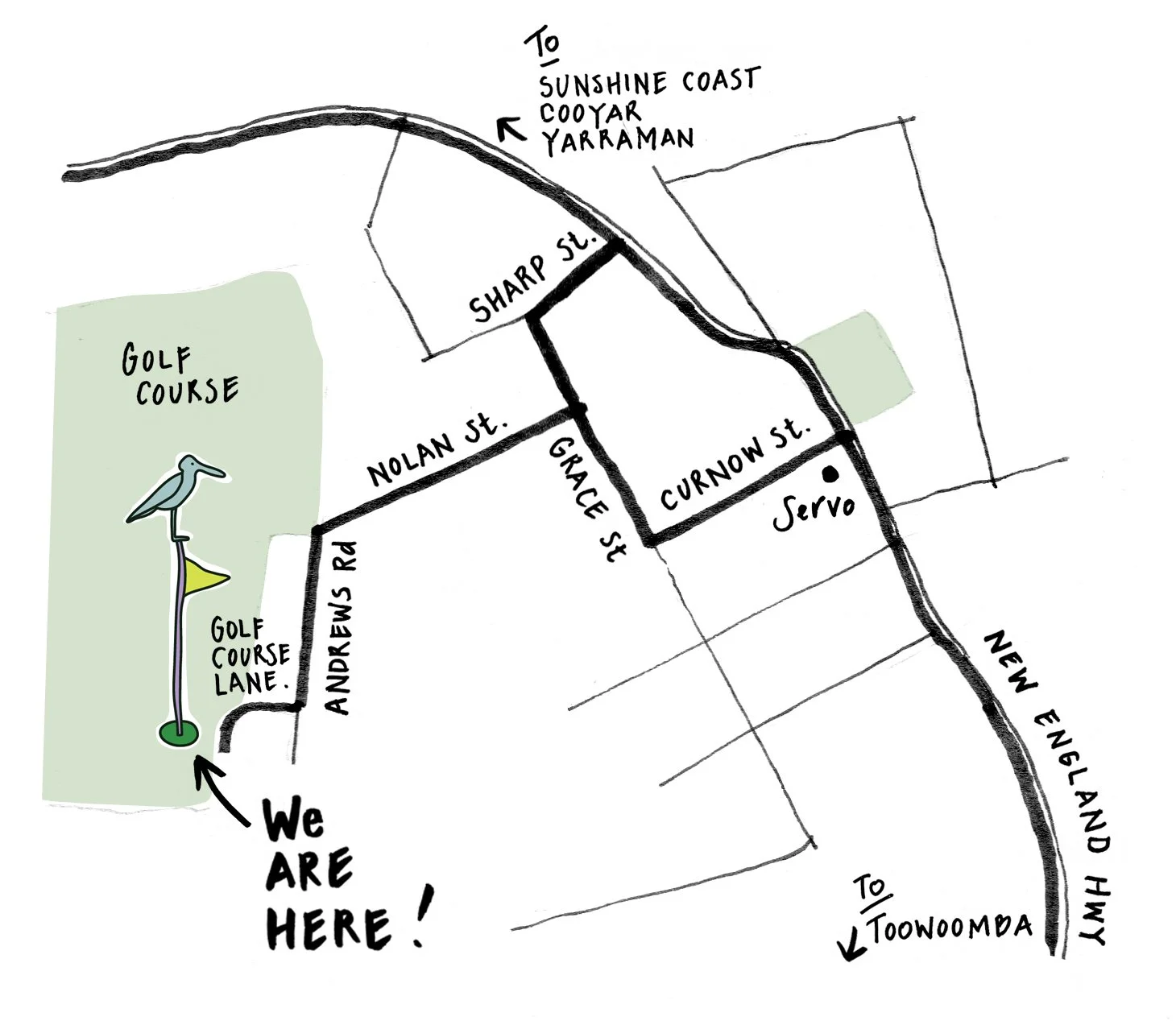 Hand-drawn map showing streets and landmarks in Crows Nest Queensland and also showing the location of On The Green Restaurant.