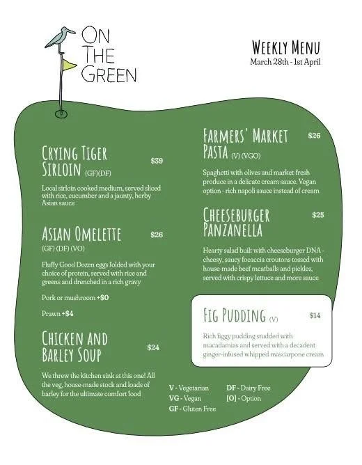 Weekly menu with green background in the shape of a speech bubble, listing dishes and prices including crying tiger sirloin, Asian omelette, chicken and barley soup, farmers market pasta, cheeseburger panzanella, and fig pudding, with vegetarian, vegan, gluten-free, dairy-free, and optional labels.