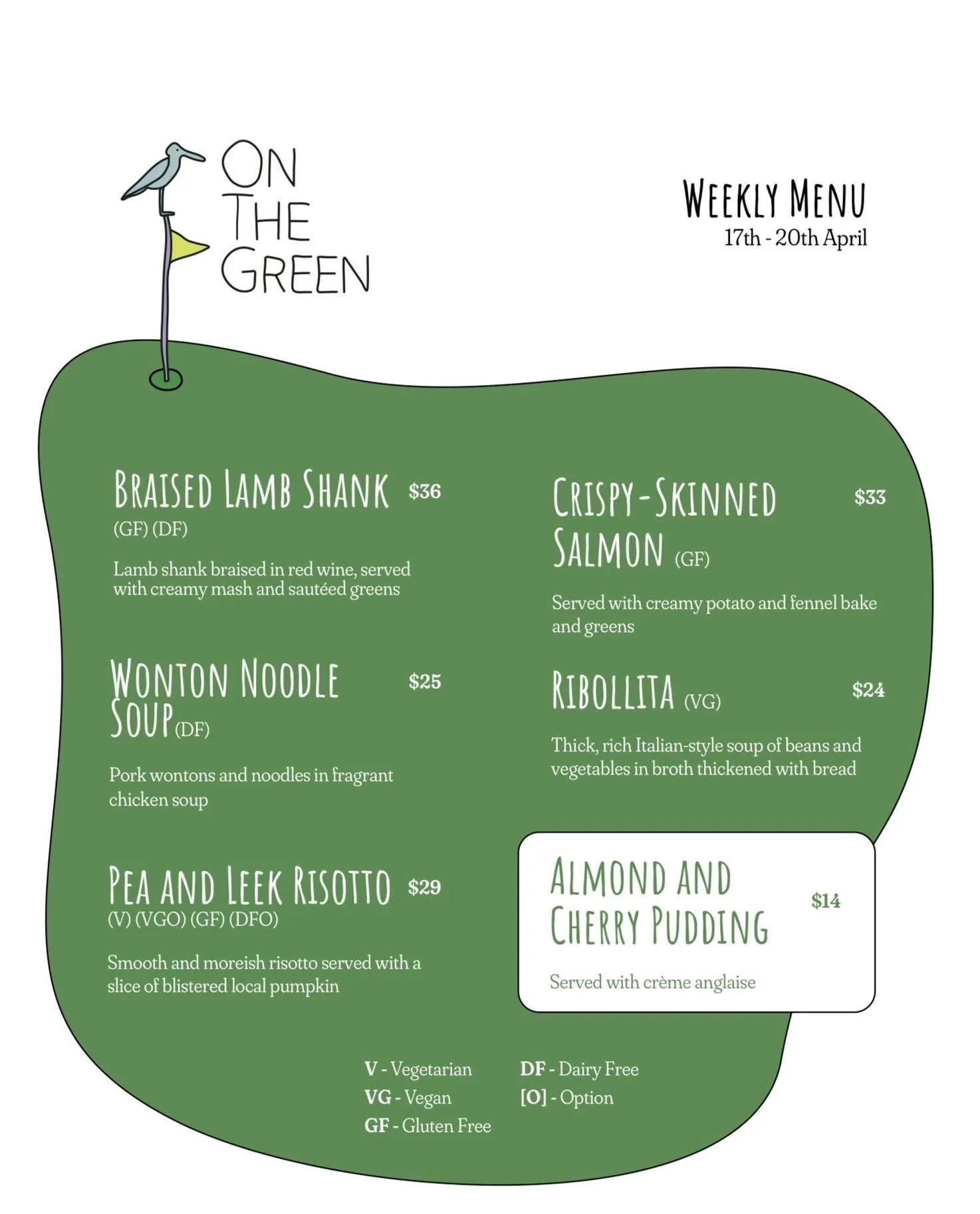 Weekly menu for April 17th to 20th featuring dishes such as Braised Lamb Shank, Crispy-Skinned Salmon, Wonton Noodle Soup, Risotto with Pea and Leek, and Almond and Cherry Pudding with descriptions of ingredients and preparation, with dietary labels indicating vegetarian, vegan, gluten-free, and dairy-free options.