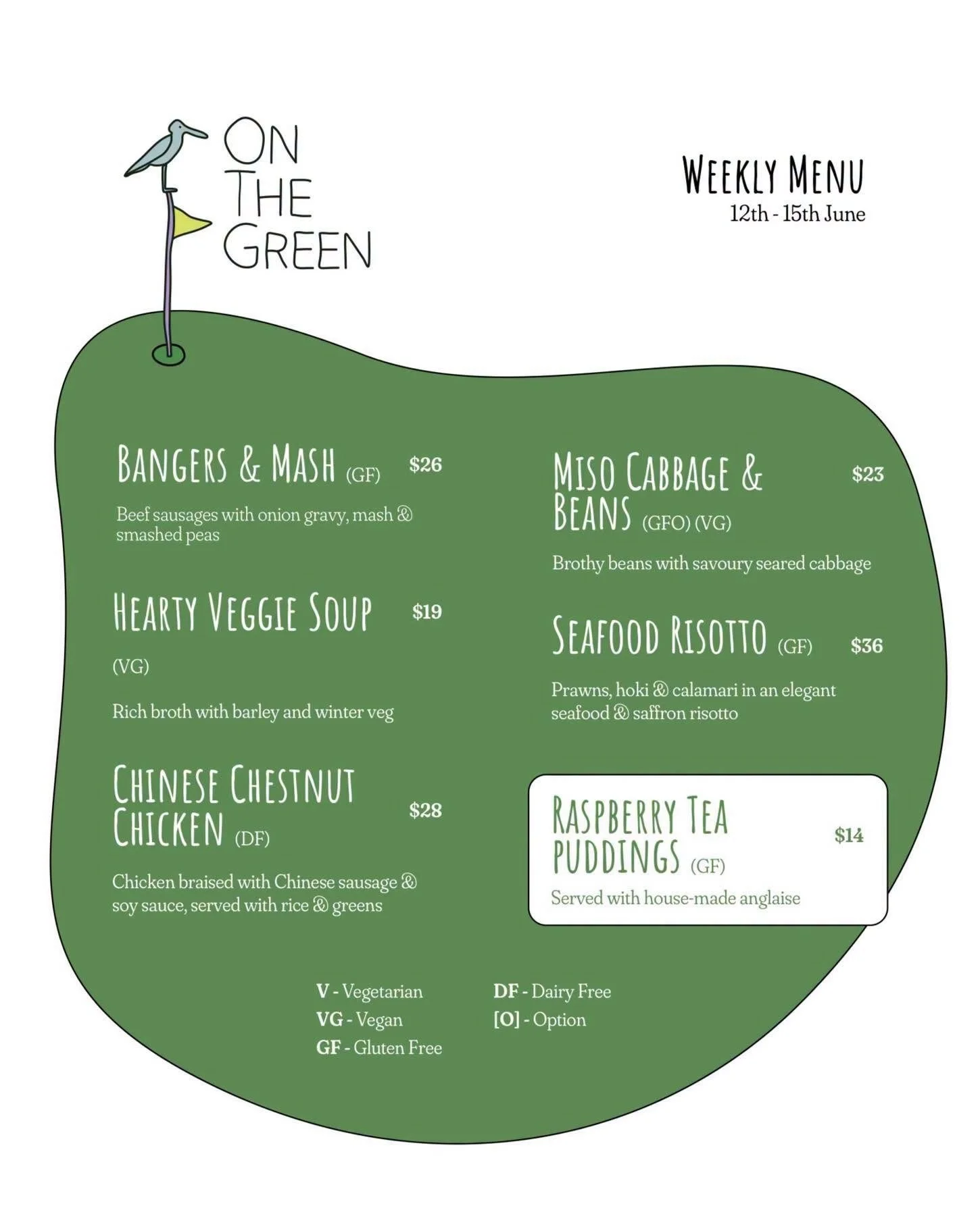 Weekly menu for June 12th to 15th with dishes including Bangers & Mash, Hearty Veggie Soup, Chinese Chestnut Chicken, Miso Cabbage & Beans, Seafood Risotto, and Raspberry Tea Puddings, with prices and dietary labels.