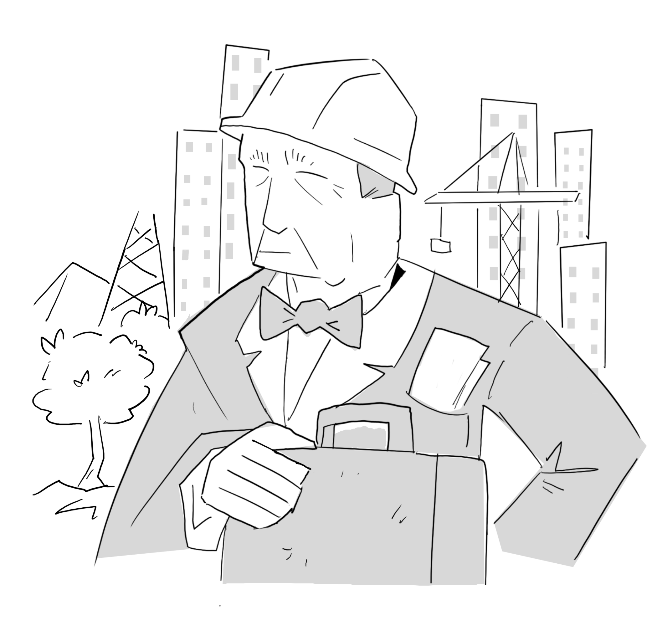 Illustration of a young Ralph Sultan wearing a hard hat, during his early career years