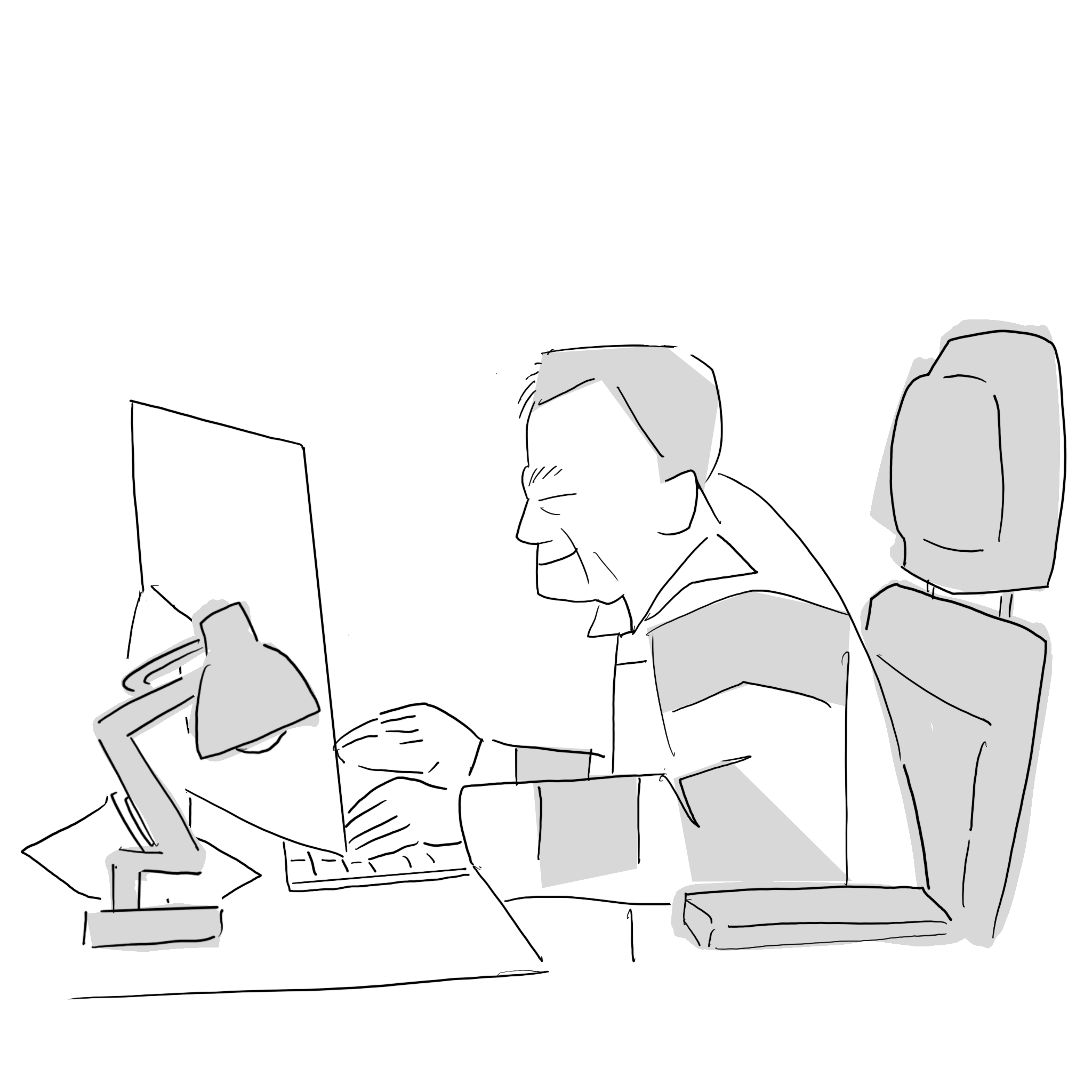 Illustration of Ralph Sultan writing at his desk.