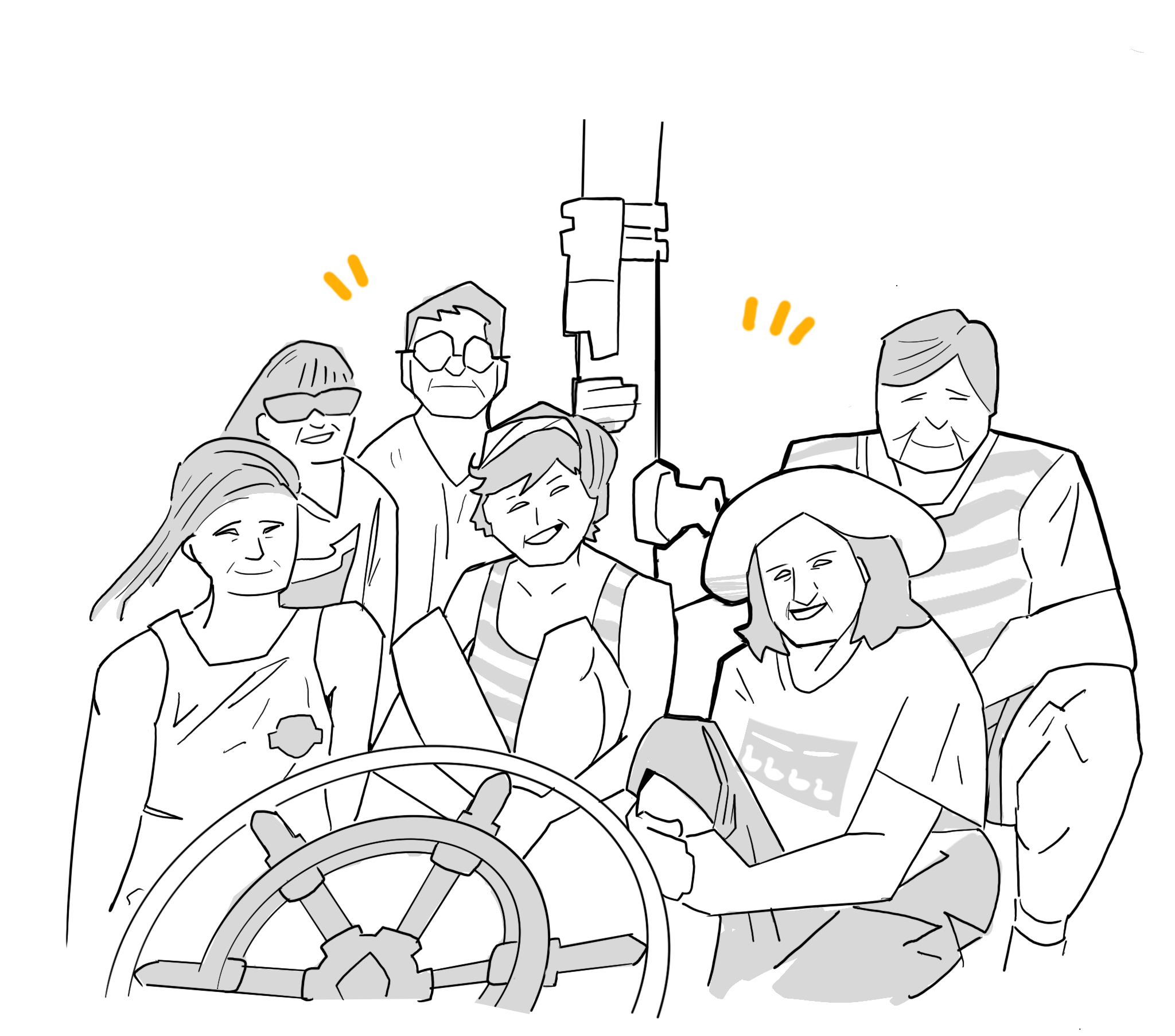 Illustration of the Sultan family, evoking Ralph Sultan's East Vancouver childhood.