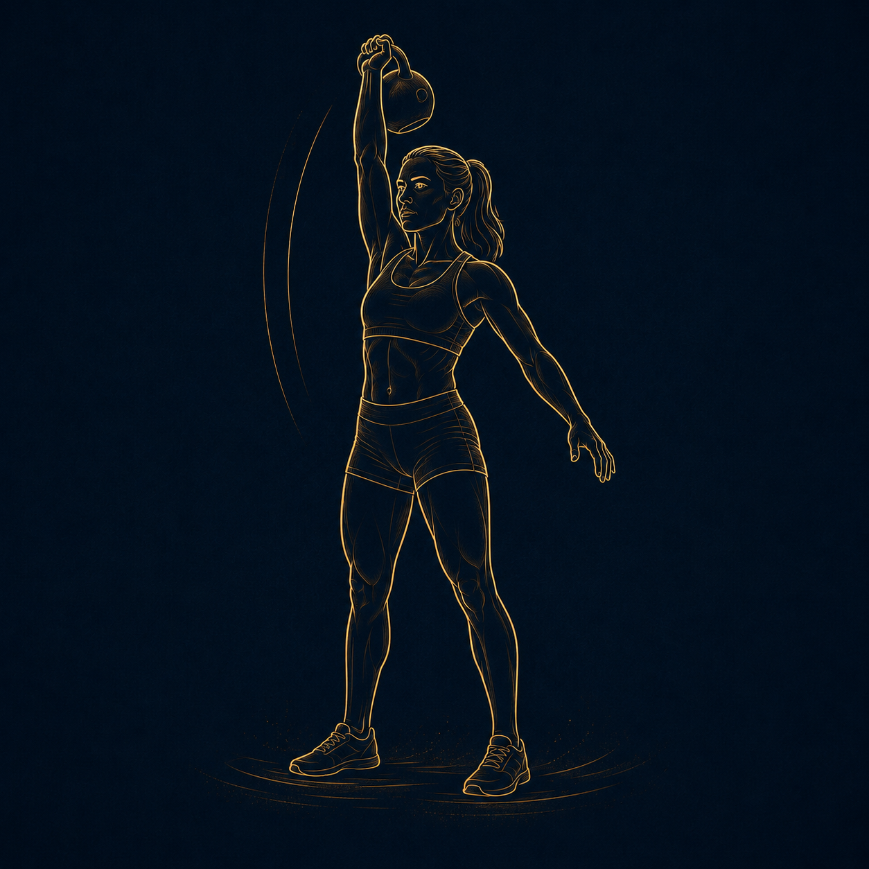 Digital line drawing of a woman lifting a kettlebell, wearing athletic clothing, standing on a dark background.