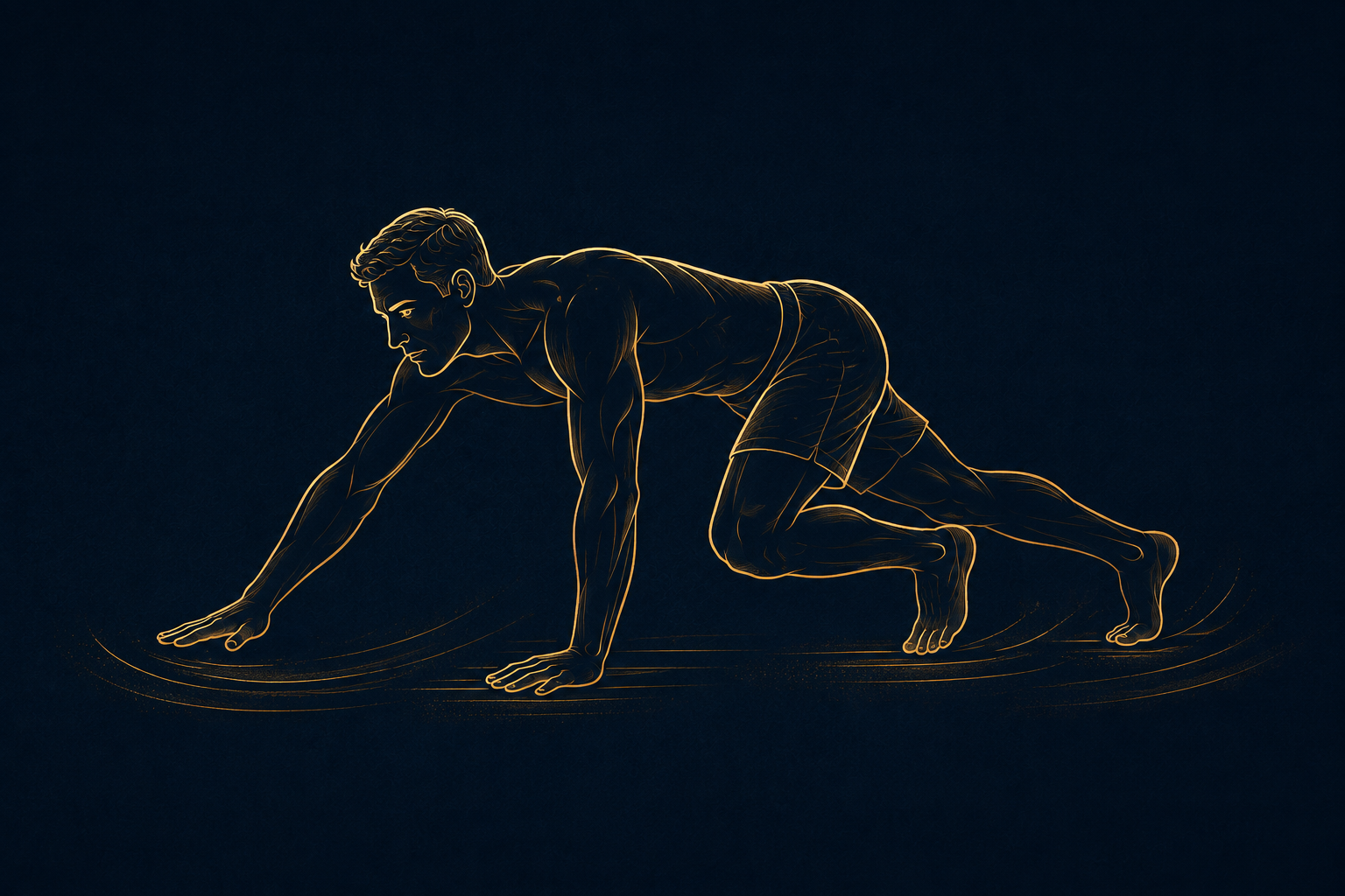 A digital sketch of a man in a crawling position, outlined with glowing lines, against a dark background.