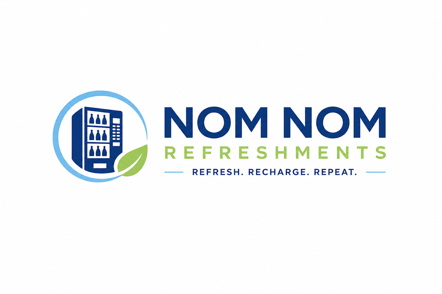 Logo for Nom Nom Refreshments featuring a vending machine with bottled drinks, a green leaf, and the tagline "Refresh. Recharge. Repeat."