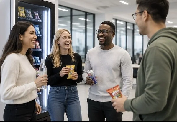 Four young adults smiling and chatting in front of a vending machine, holding snacks and drinks in a modern office setting.