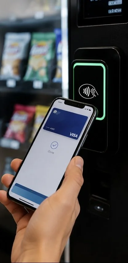 A person using a smartphone to pay with a Visa card at a contactless payment terminal in a store, with snack shelves in the background.