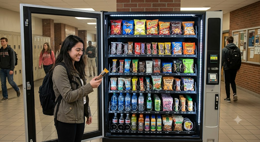 A teenage girl with a backpack standing in front of a vending machine in a school hallway, smiling while holding a snack. The vending machine contains chips, candy, bottled drinks, and snacks.