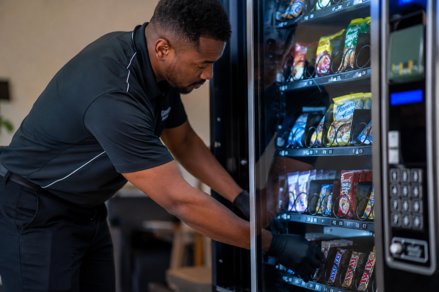A man stocking snacks in a vending machine.