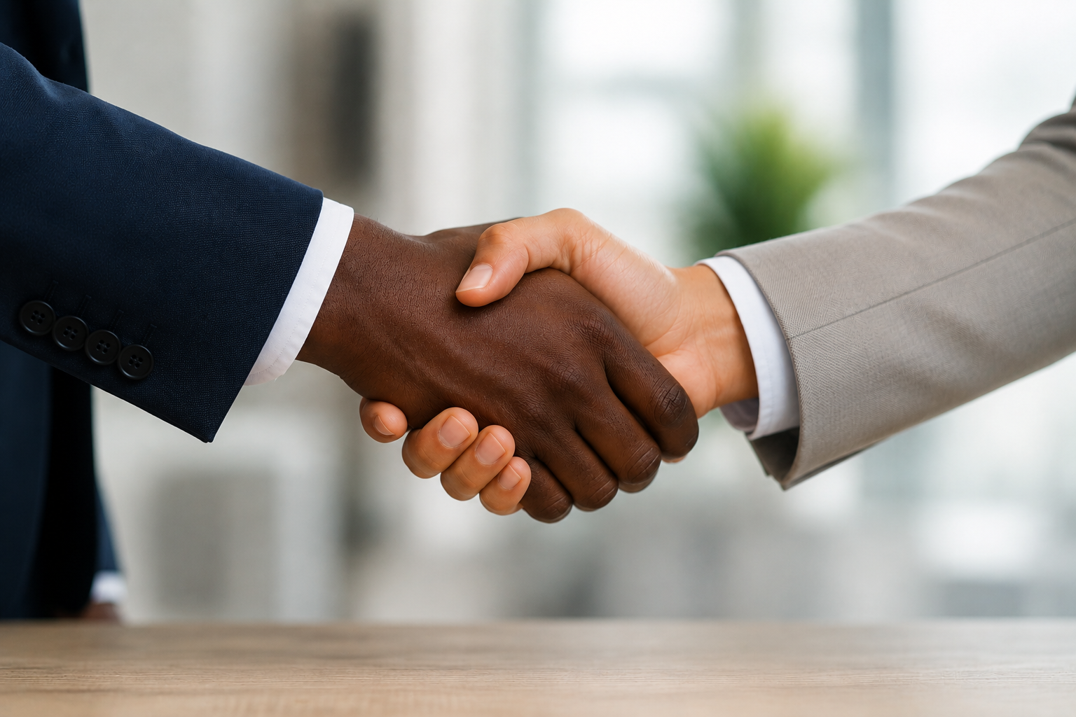 Close-up of two people shaking hands, one wearing a dark blue suit and the other in a light gray suit, in a professional setting.