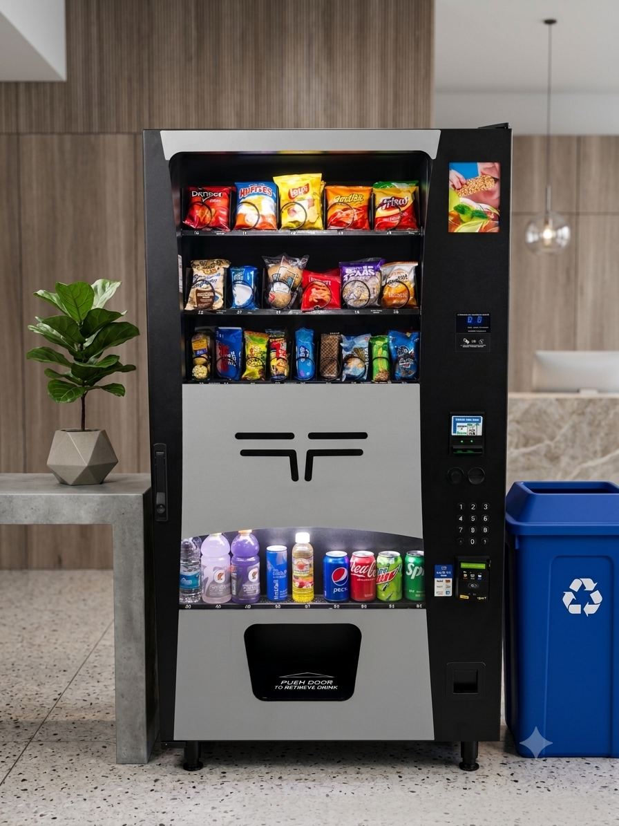 Self-serve snack and beverage vending machine with chips and drinks next to a potted plant and a blue recycling bin in a modern indoor setting.