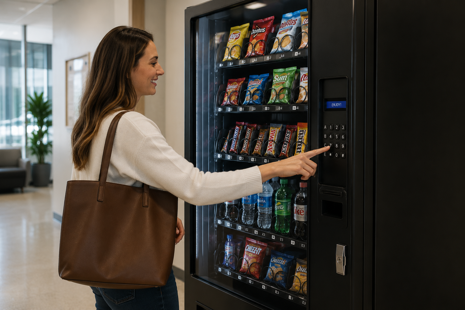 A woman in a white sweater and blue jeans using a vending machine to buy snacks and drinks. She carries a large brown tote bag over her shoulder and is pressing buttons on the vending machine.
