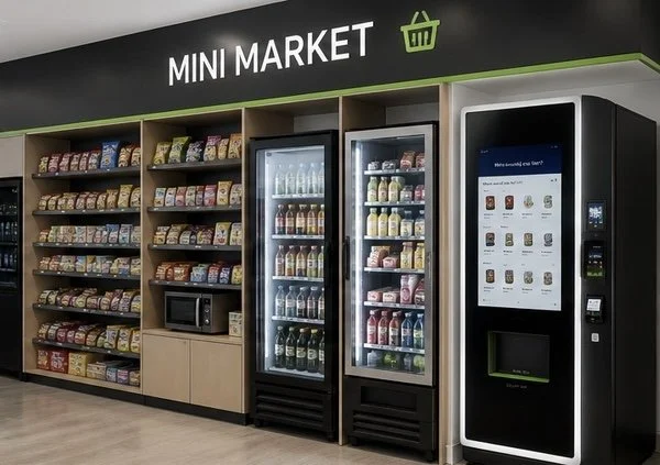 Mini market with shelves of snacks and beverages, two vending machines, and a digital kiosk for shopping.