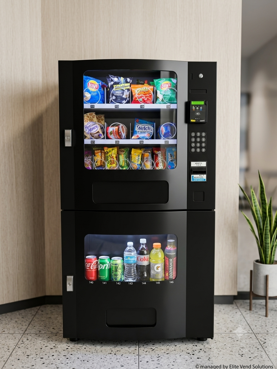 Vending machine with snacks and beverages in an indoor setting.