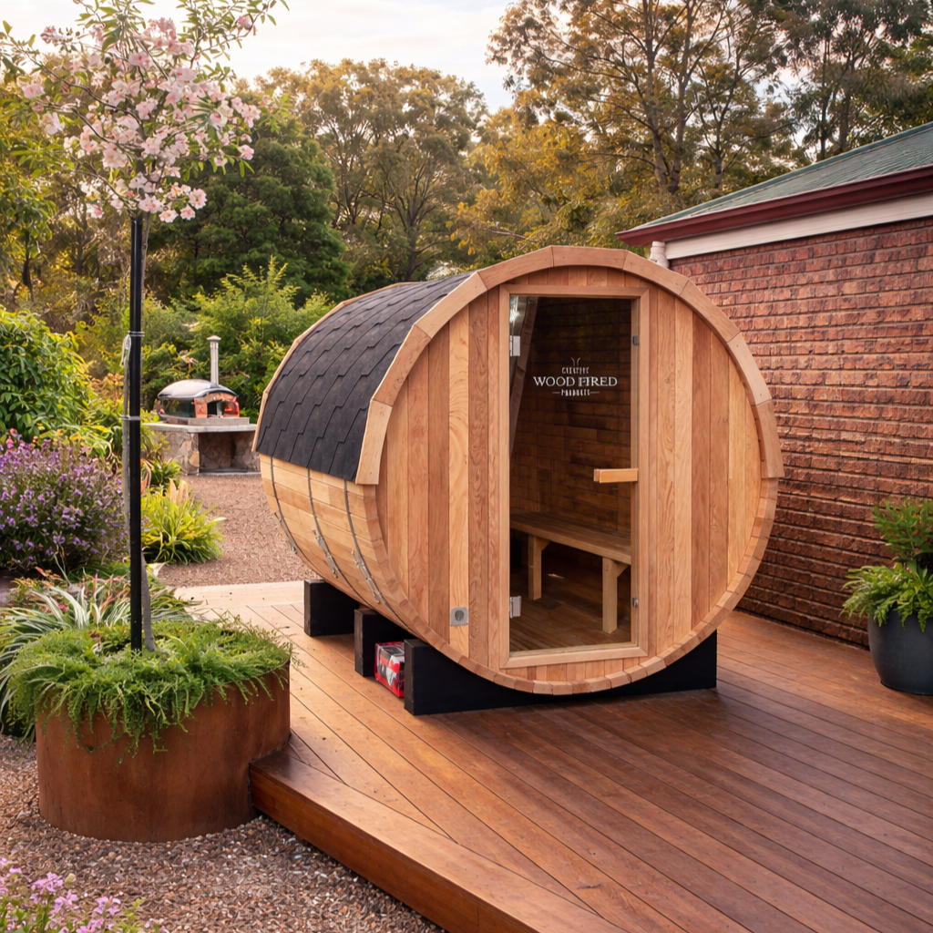 A small wooden barrel-shaped outdoor sauna with a glass door, situated on a wooden deck in a garden with flowers and trees.