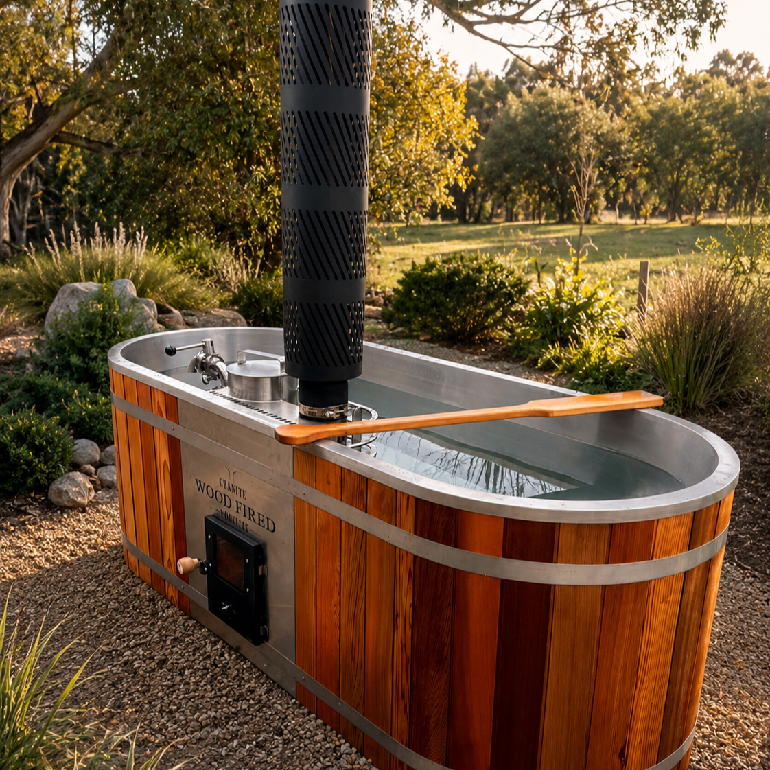 A wood-fired hot tub outdoors in a garden with trees and plants in the background, during sunset.
