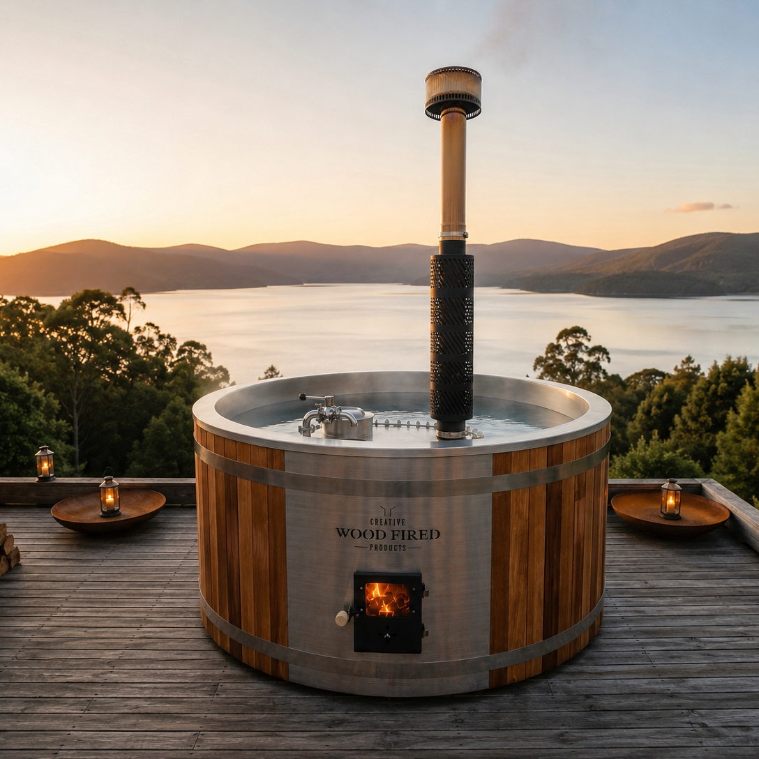 A hot tub with a wood-fired stove outdoors on a deck overlooking a lake and mountains at sunset.