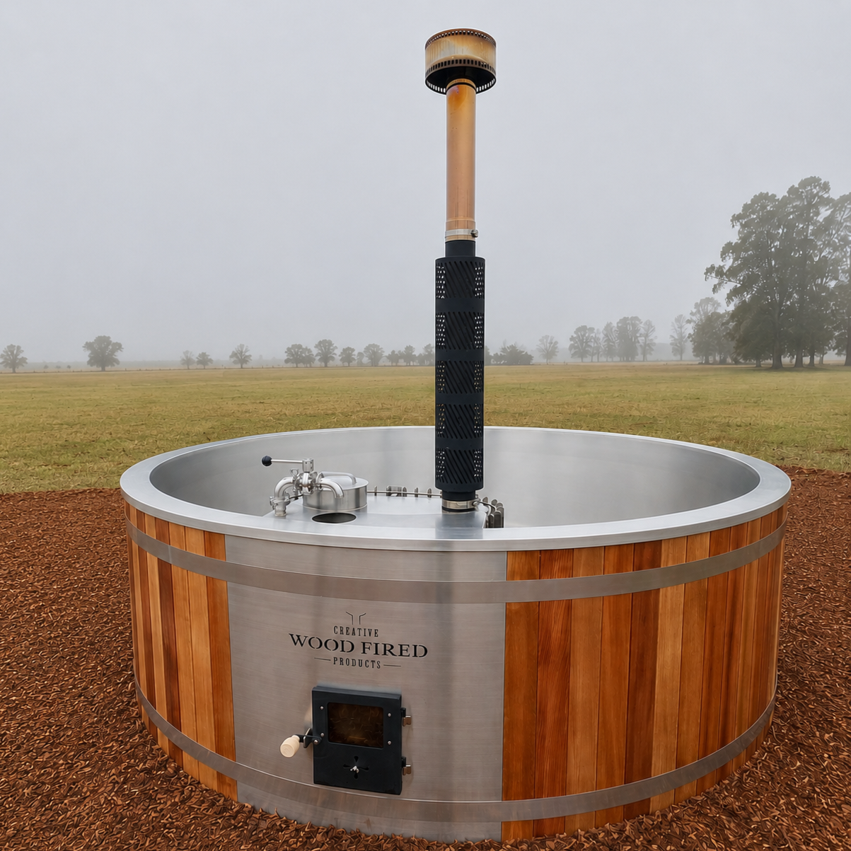 A hot tub with a wood exterior and metal interior, branded 'Creative Wood Fired Products,' is situated outdoors on a patch of reddish-brown mulch, with a grassy field and trees in the background under an overcast sky.