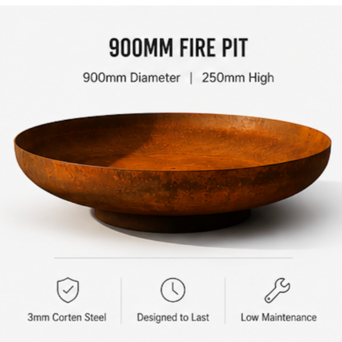 Large round fire pit with a 900mm diameter and 250mm height, made of 3mm corten steel, designed for durability and low maintenance.