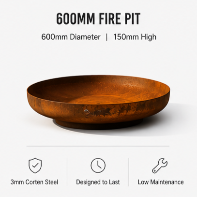 Rust-colored fire pit with a wide, shallow bowl design, labeled as 600mm diameter and 150mm high, made of 3mm corten steel, designed to last with low maintenance.