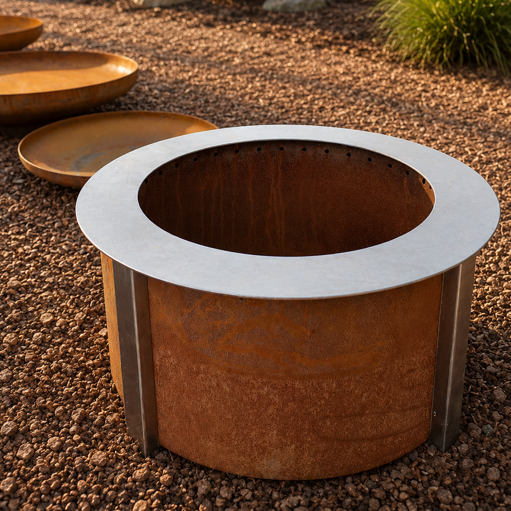 A round fire pit with a rust-colored body and a stainless metal rim, placed on gravel ground outdoors, with additional similar fire pits in the background.