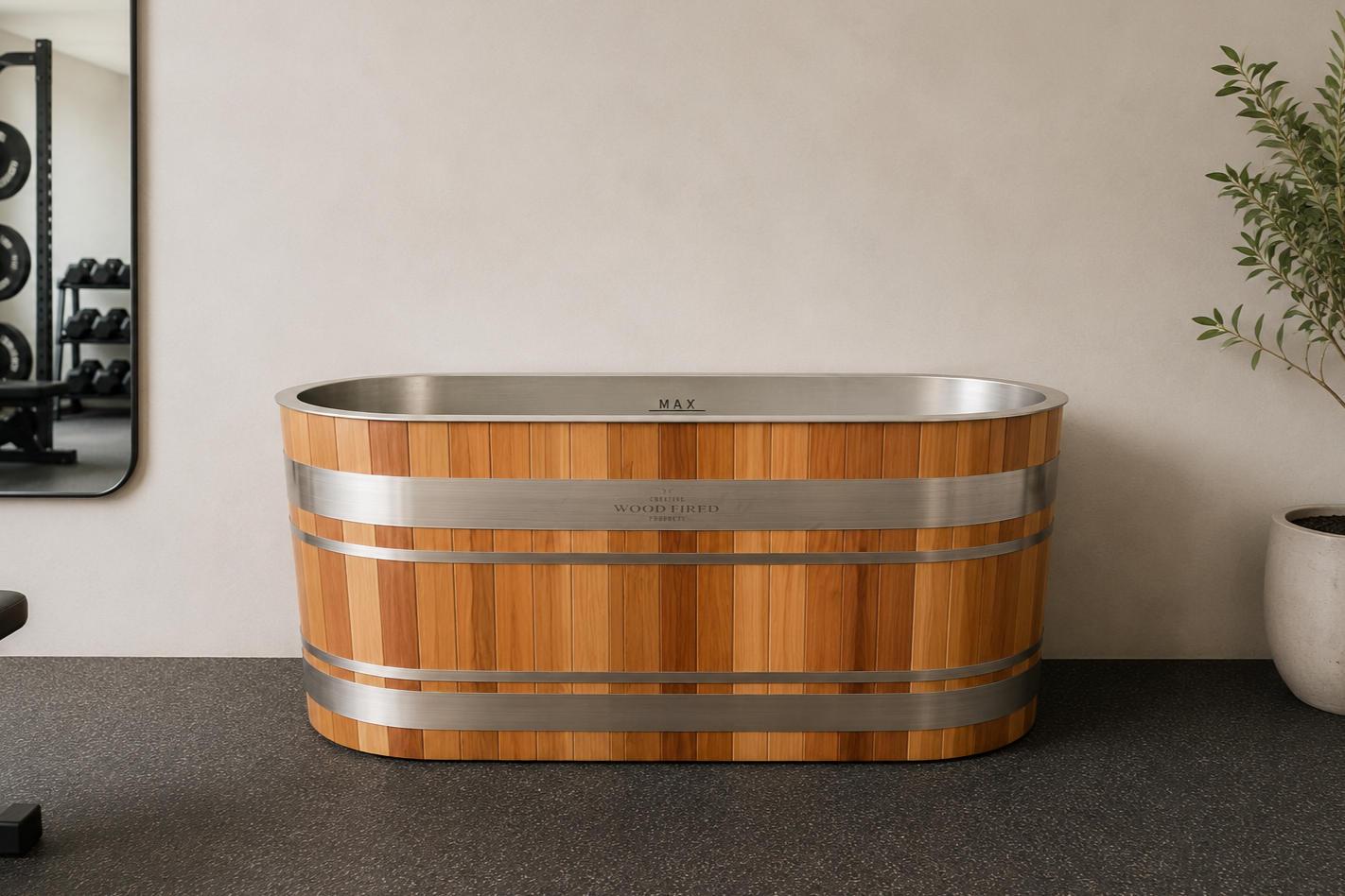 a wooden ice bath with metal trim in a modern room, with a mirror and gym equipment in the background.