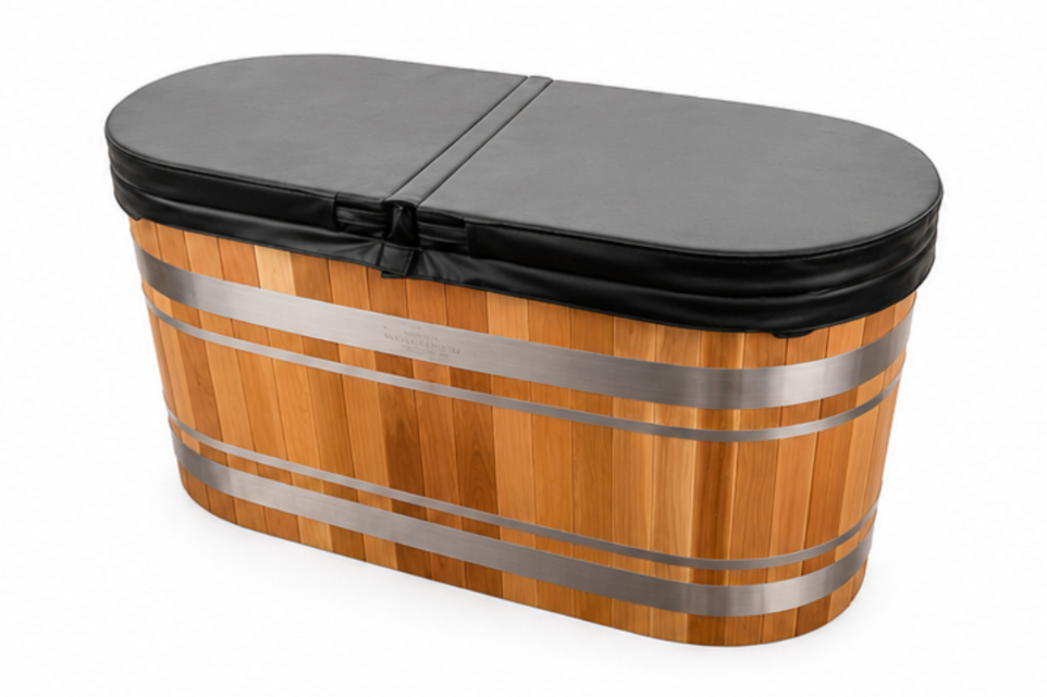 A wooden ice bath with a black insulated cover.