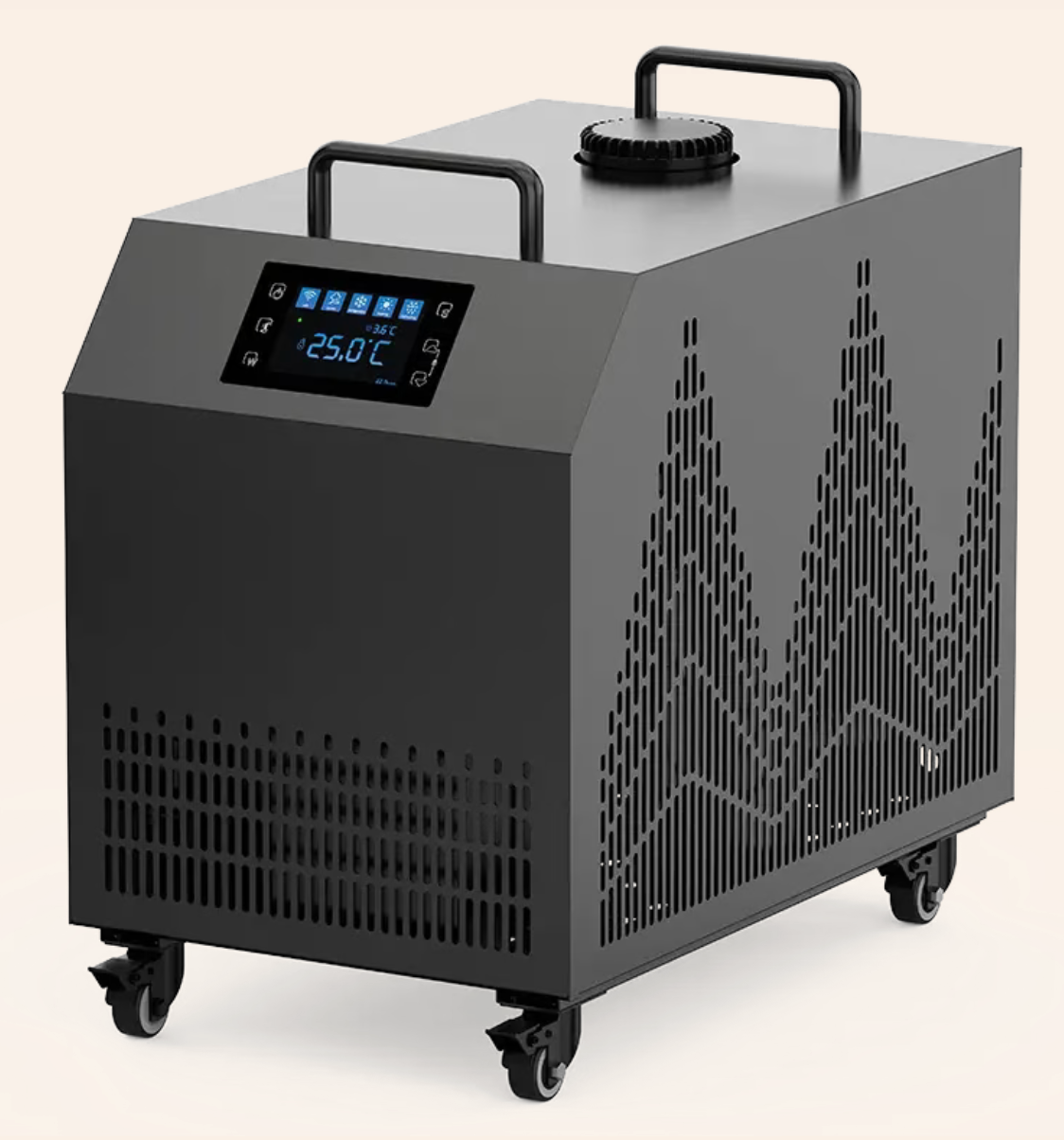 A modern ice bath chiller  unit with a digital control panel display, on wheels, and featuring temperature and ventilation controls.