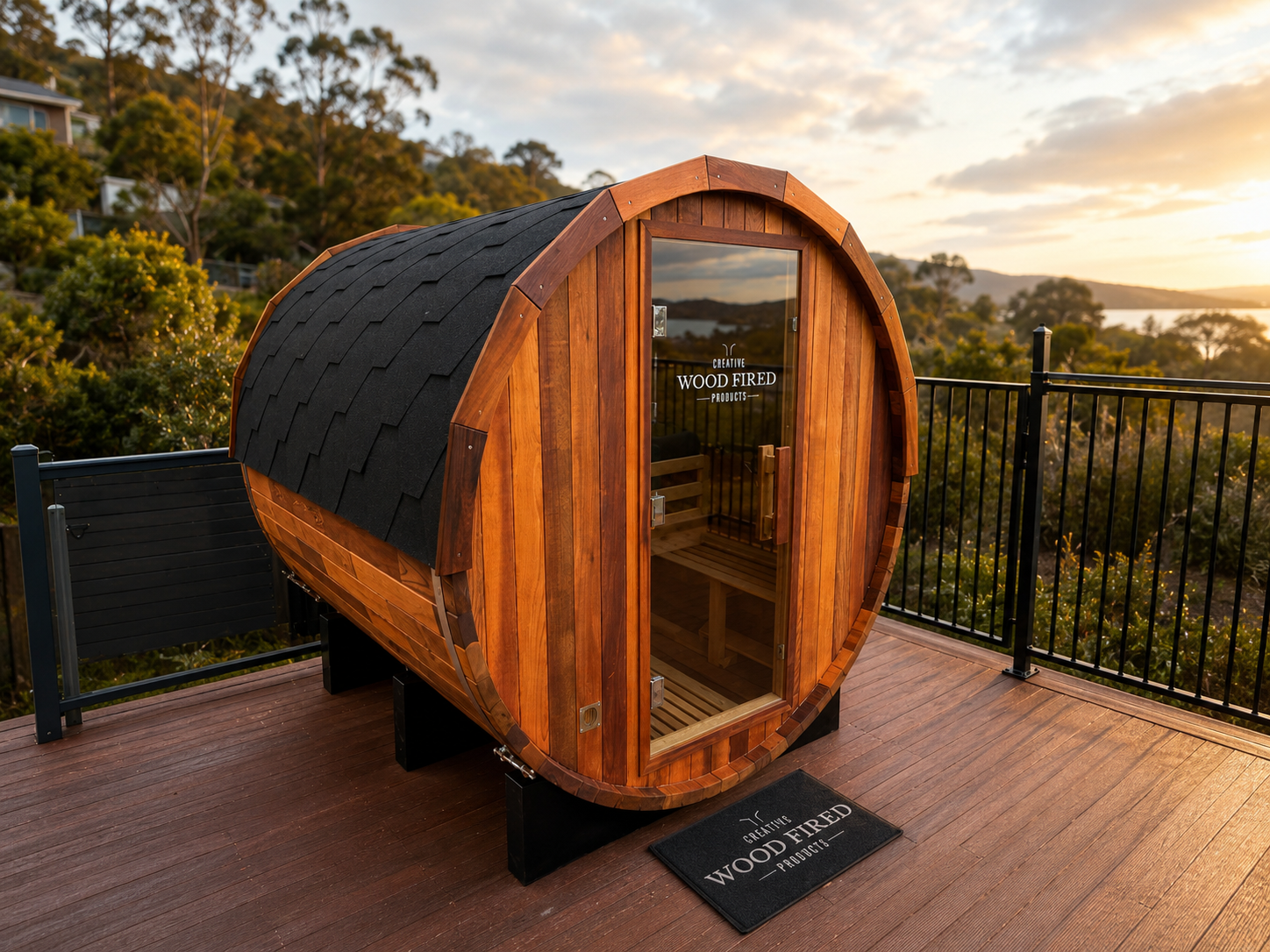 Sauna sitting on a deck with a view built by creative wood fired products