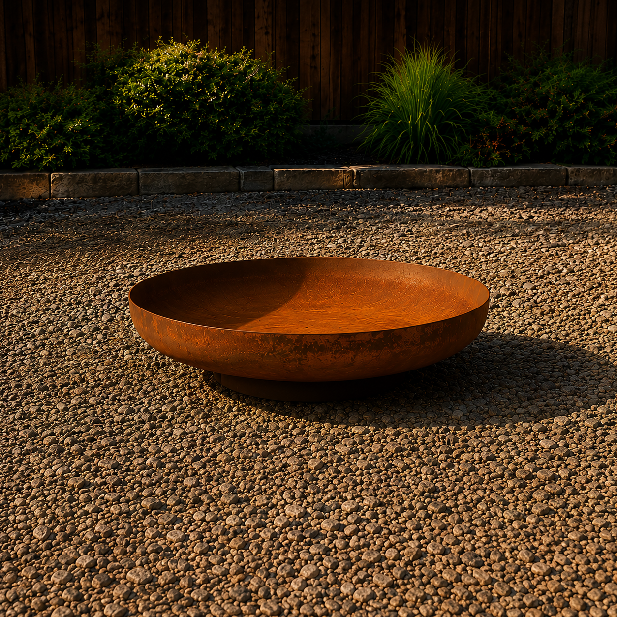 A large, round, rust-colored metal fire pit on a gravel surface with a wooden fence and green bushes in the background.