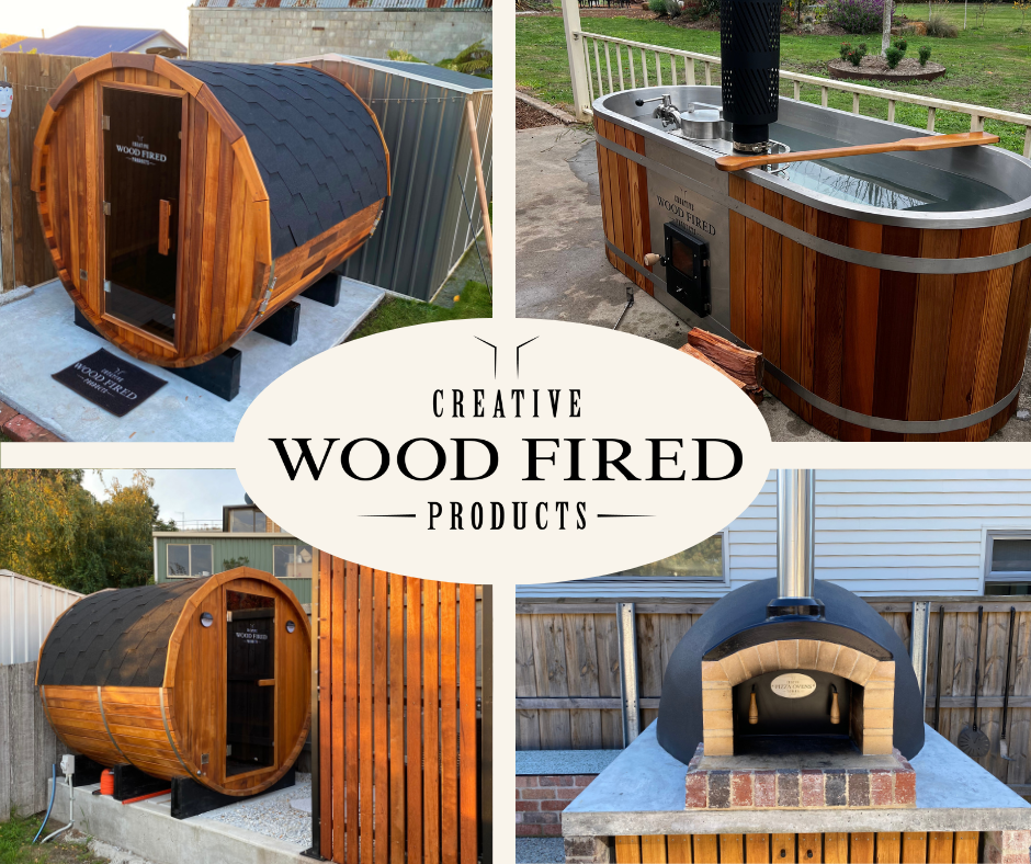 Canva tile with image of sauna wood fired hot tub and pizza oven