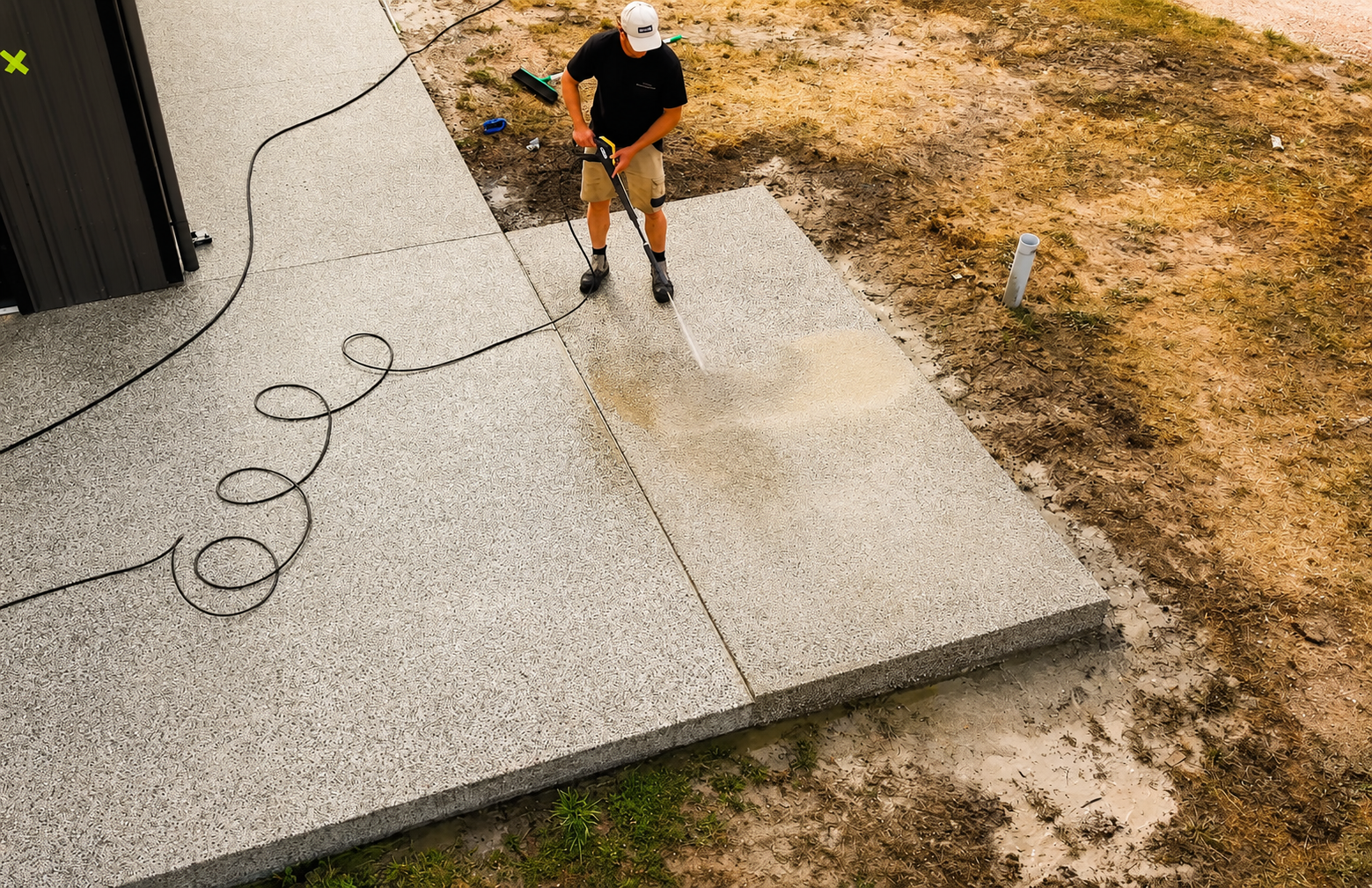 Person washing concrete with high pressure hose