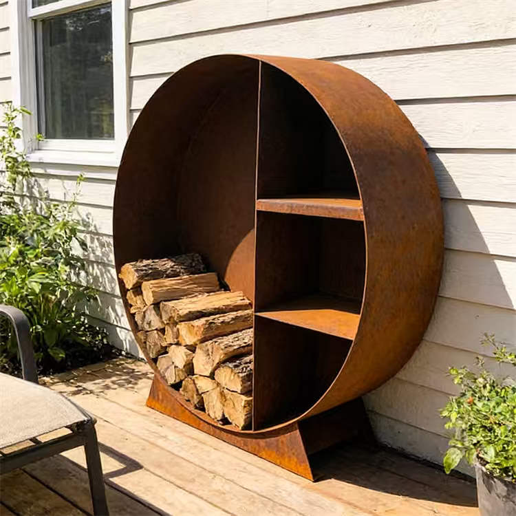 A rusted metal circular outdoor shelf with divided compartments, holding firewood on one side, placed against a white wooden wall outside a house.