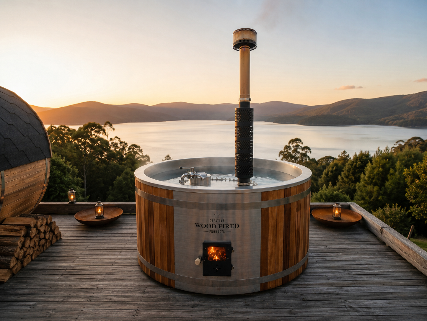 Wood Fired Hot Tub in front of lake