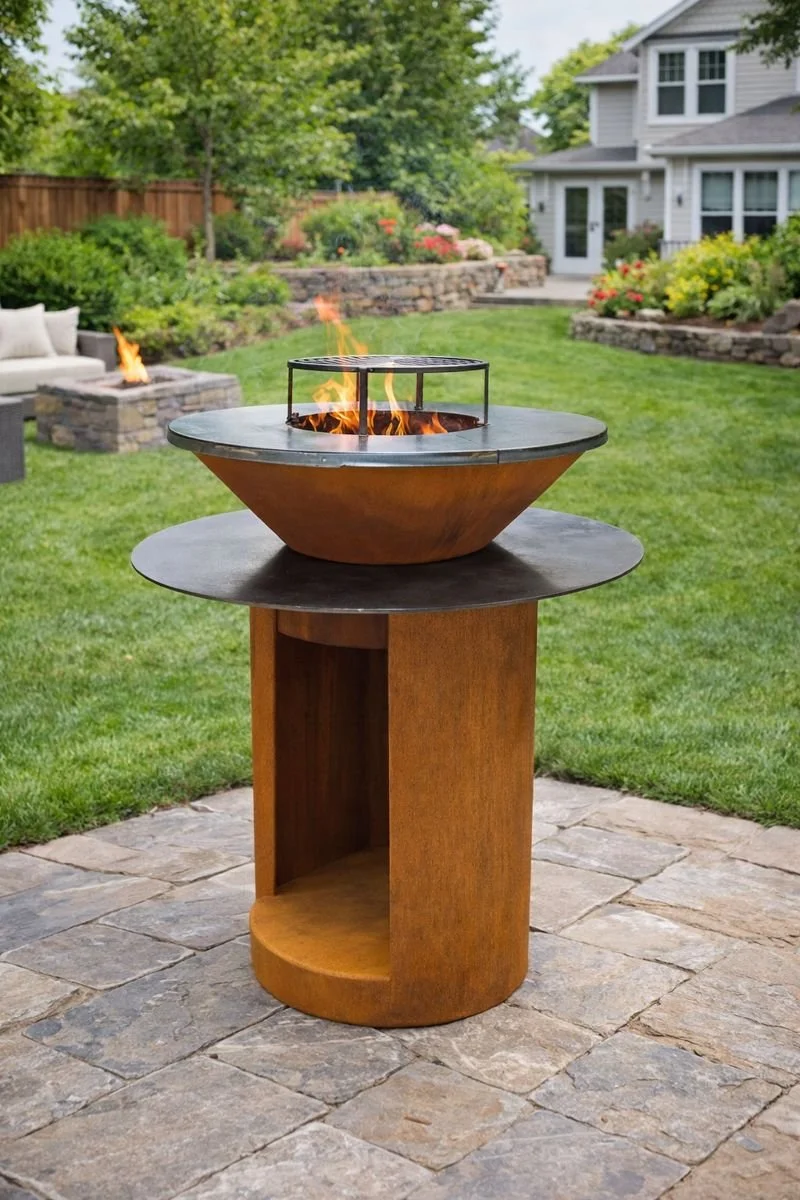 Modern outdoor fire pit with a metal bowl and a small fire on a wooden stand in a backyard with a house, lawn, and garden.