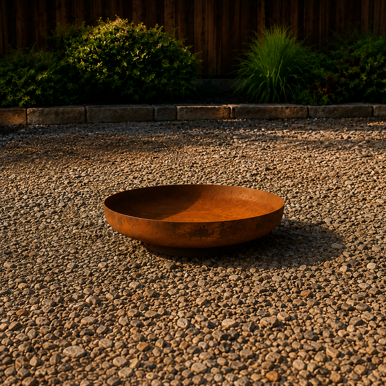 A large, round, rust-colored metal bowl placed on a gravel backyard with green bushes and a wooden fence in the background, illuminated by warm sunlight.