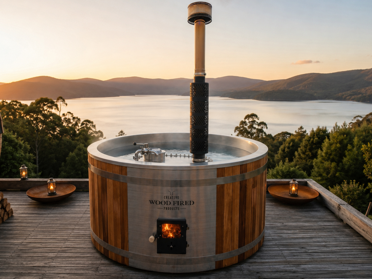 Wood Fired Hot Tub overlooking a lake
