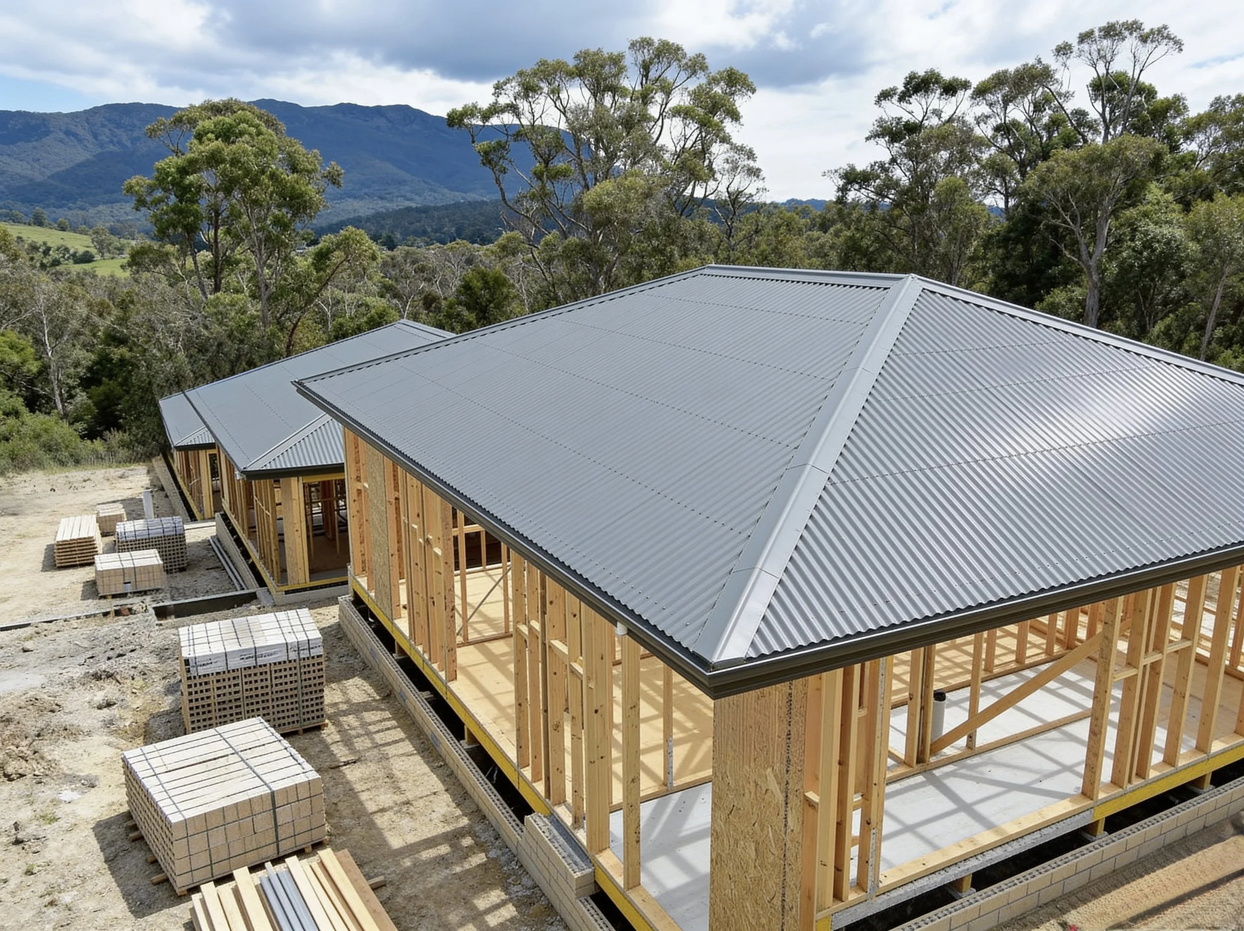 Construction site of a building with a metal roof, surrounded by trees and mountains in the background.