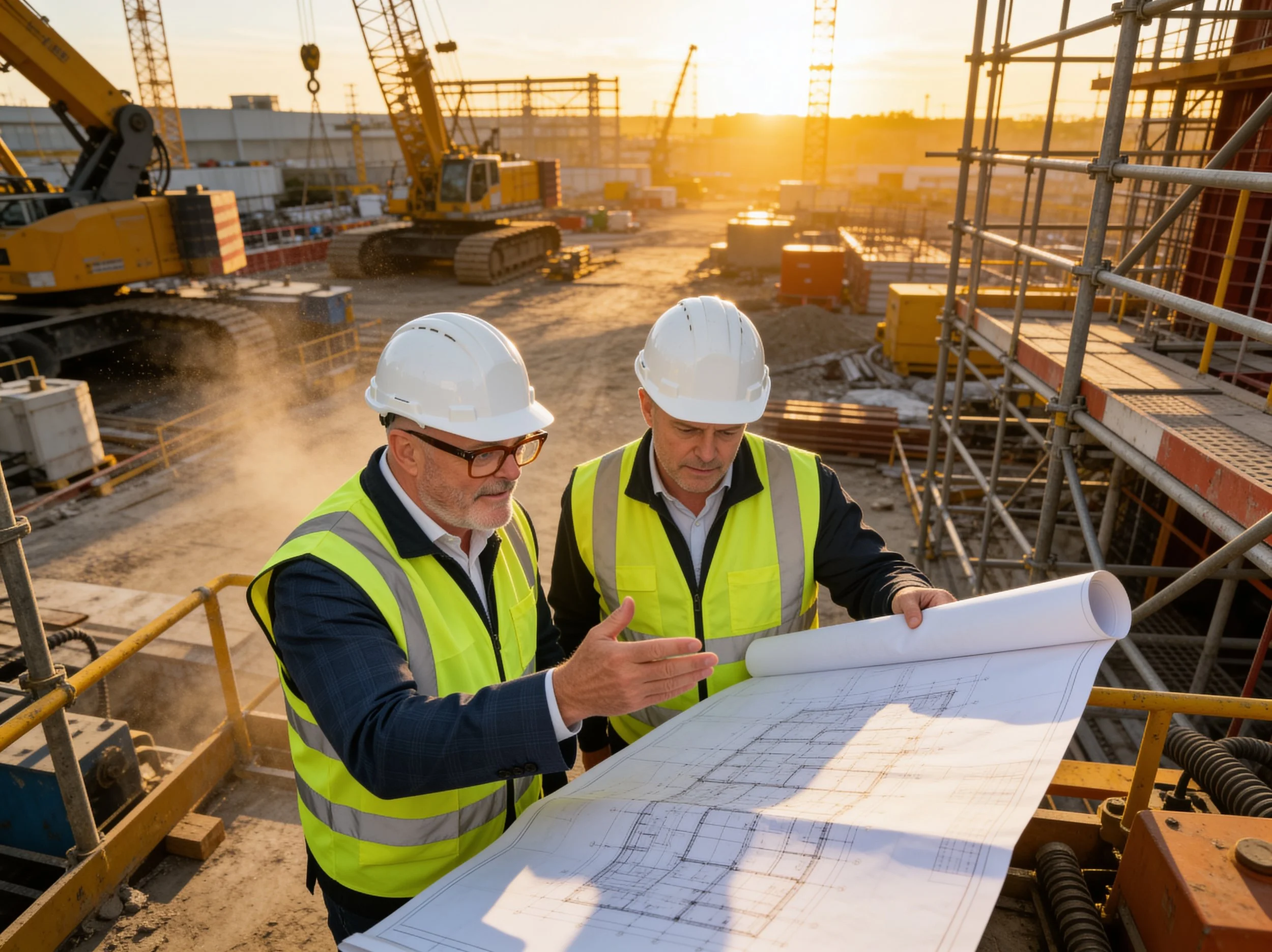 Two construction managers wearing white safety helmets and yellow reflective vests looking at blueprints at a construction site during sunset with cranes and unfinished structures in the background.