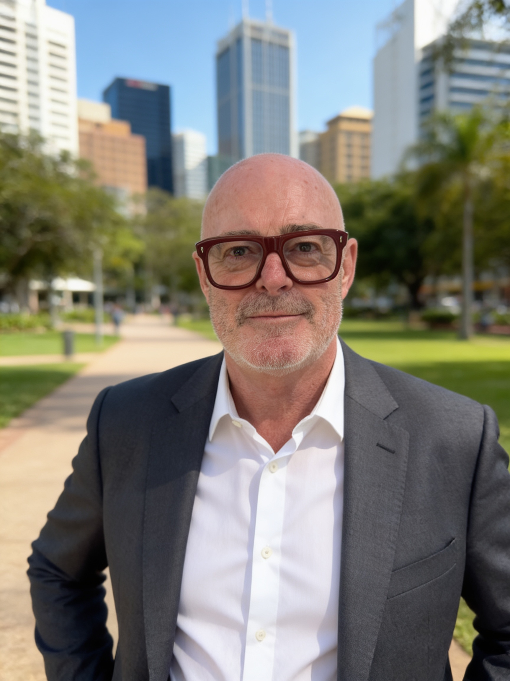 A man with a bald head, glasses, and a gray suit standing outdoors in front of a city skyline with tall buildings and trees.