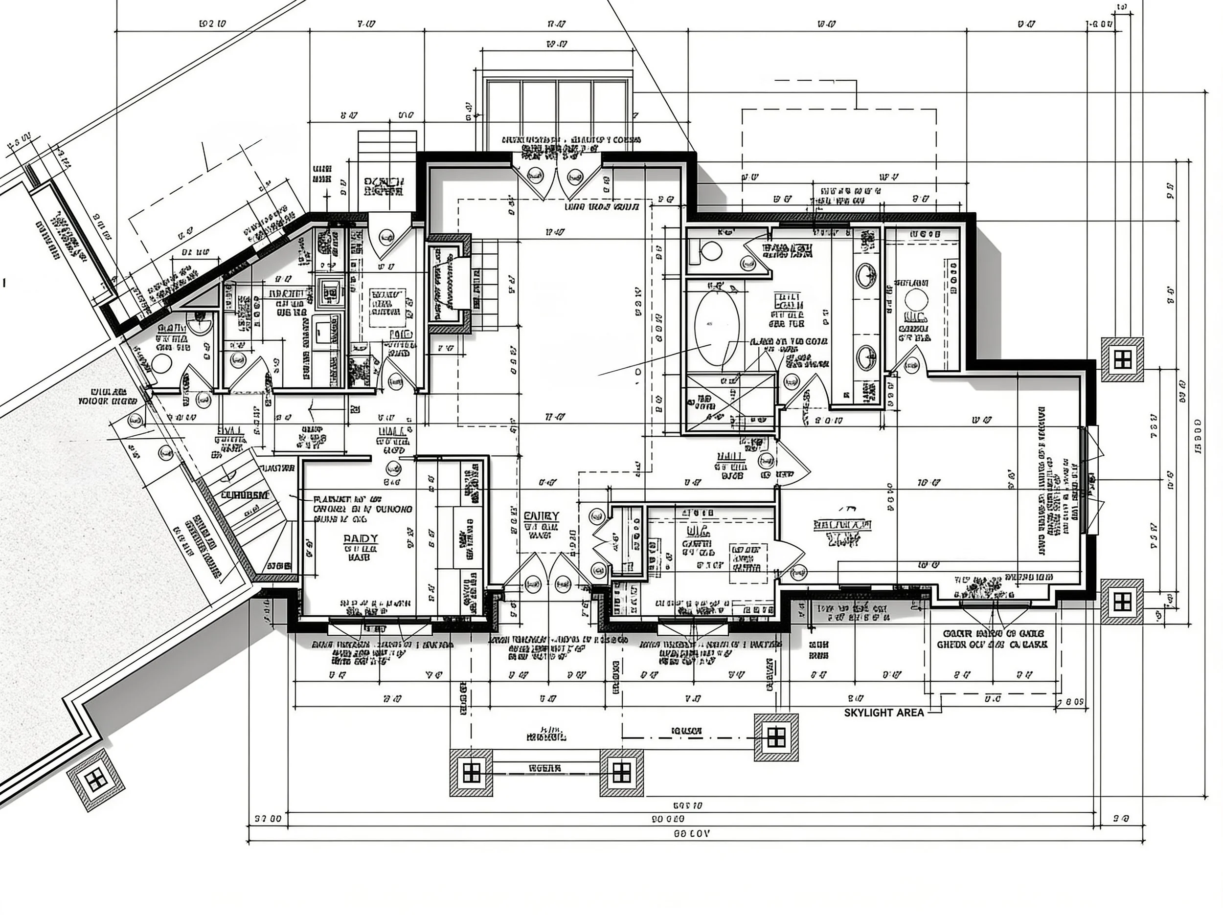 Architectural blueprint of a building floor plan with detailed measurements, room labels, and structural elements.