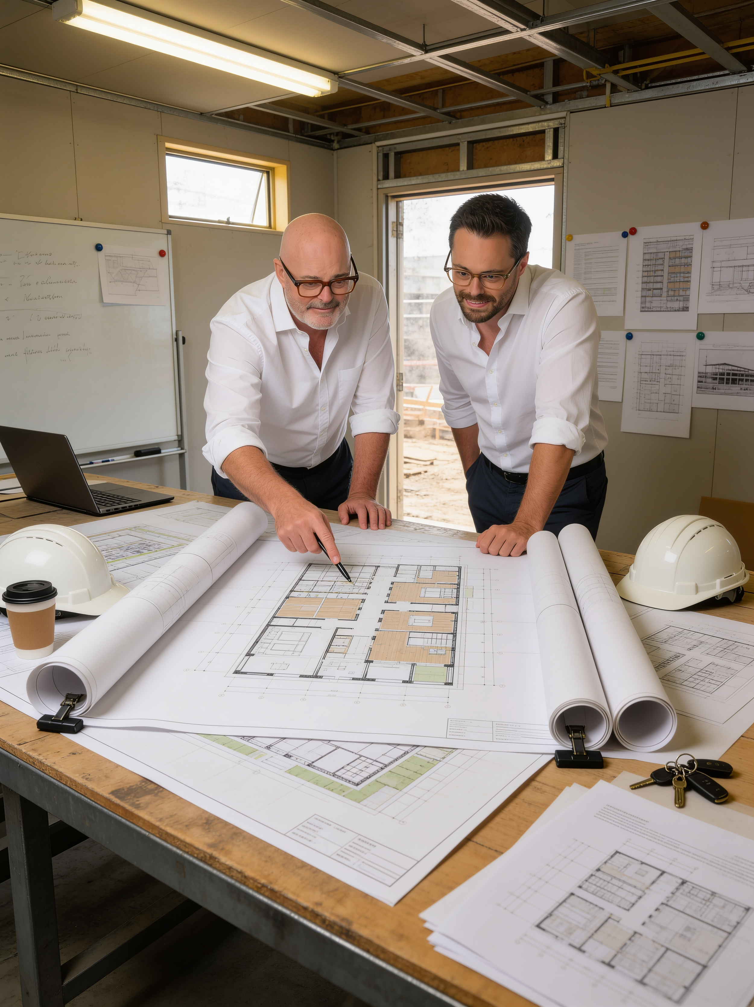 Two men, likely architects, reviewing building plans on a large table in a construction office, with rolled blueprints and safety helmets on the table.