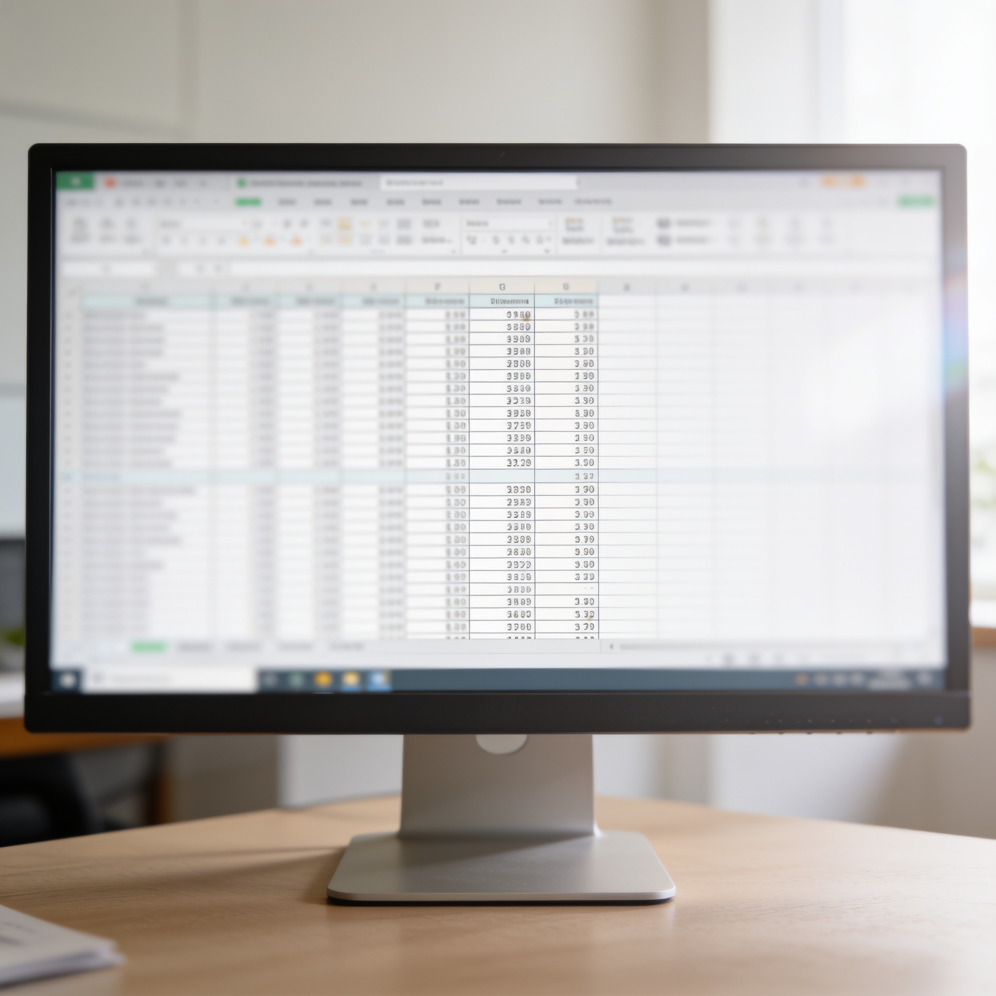 A computer monitor displaying a spreadsheet on a wooden desk with a blurred background.