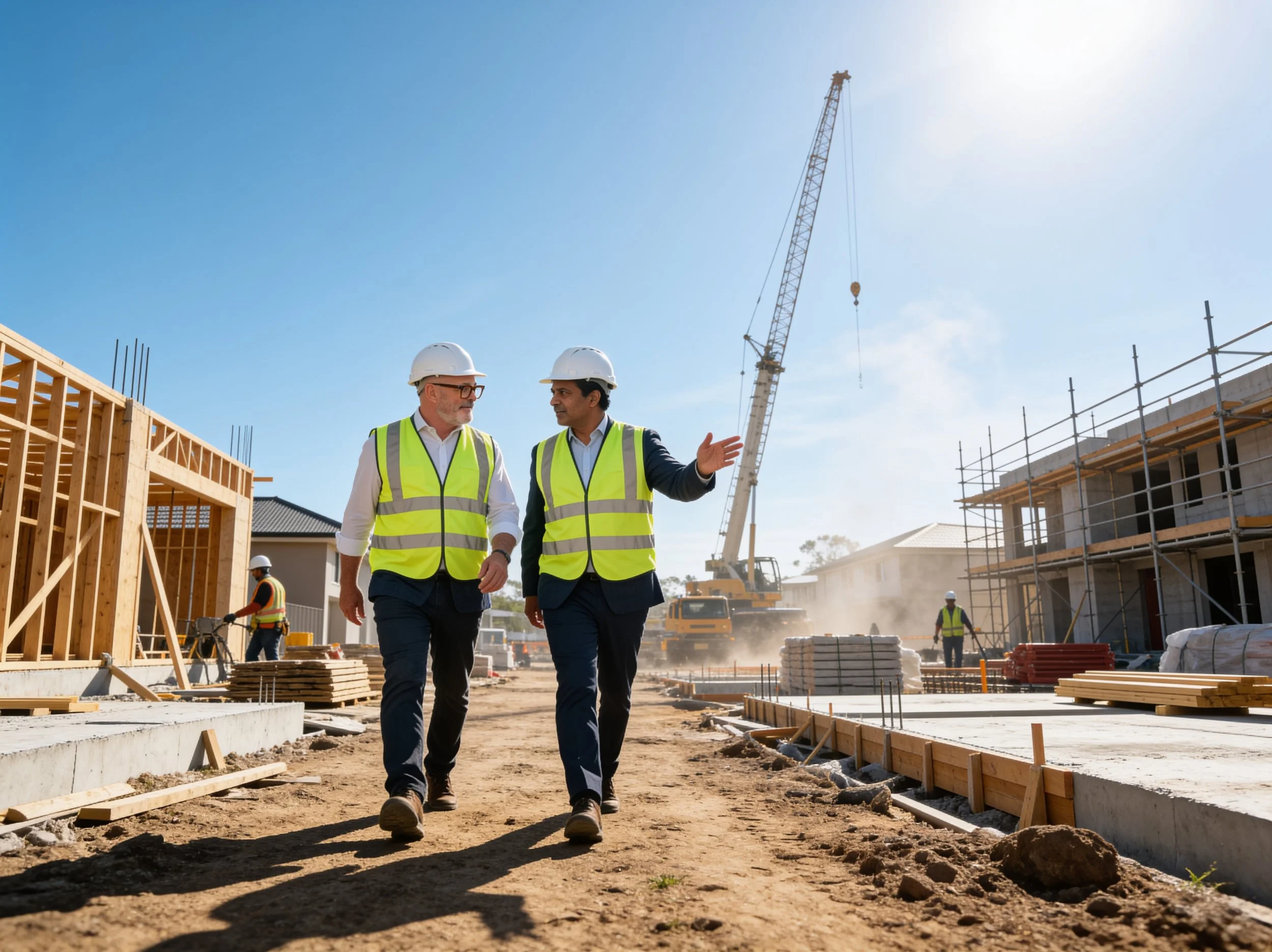 Two men in safety vests and white helmets walking on a construction site while talking to each other. Construction workers and a crane are visible in the background.
